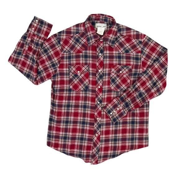 Wrangler Wrancher Flannel Shirt Mens L Red Plaid Western Pearl Snap Rockabilly - Picture 1 of 8